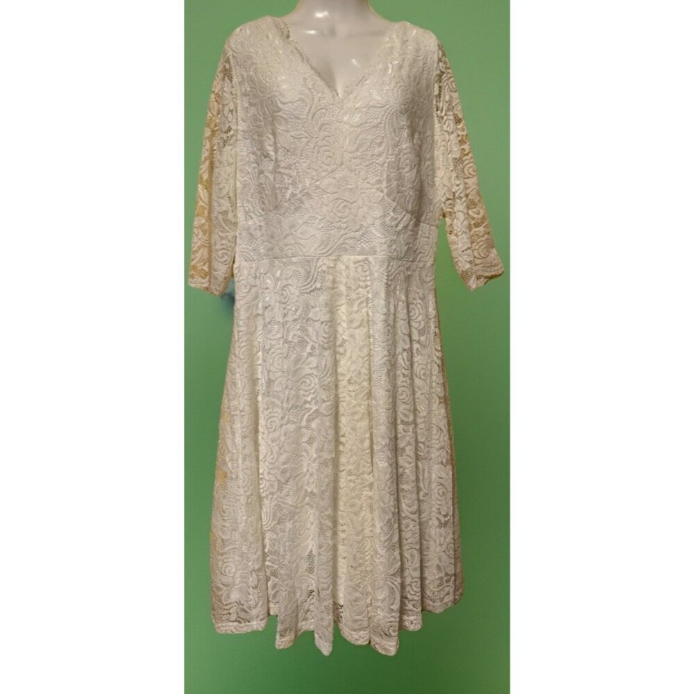 ANAOUR White Lace 3/4 Sleeved Knee-Length Dress SiZ 3XL Feminine Stretchy Luxury